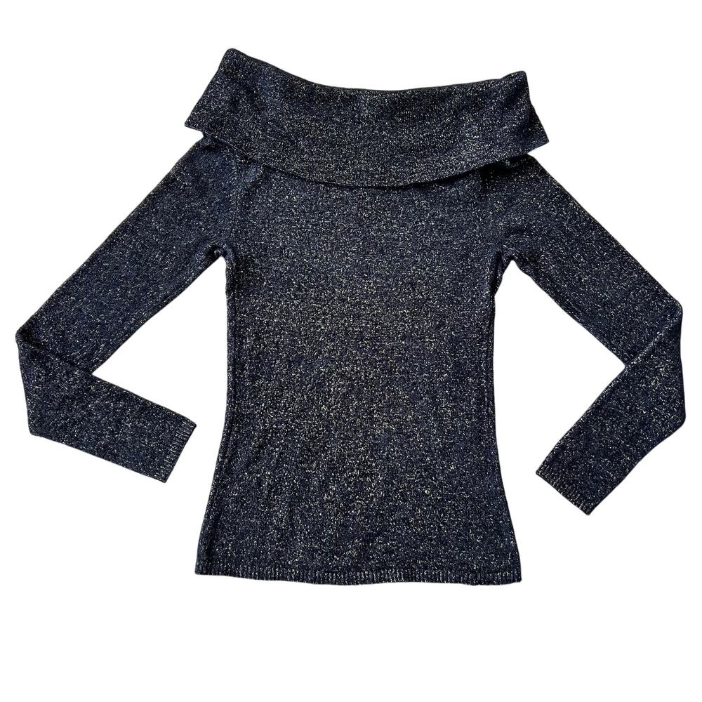 Cache Off-Shoulder Cowl Neck Knit Metallic Sweater Small Black Gold Stretchy